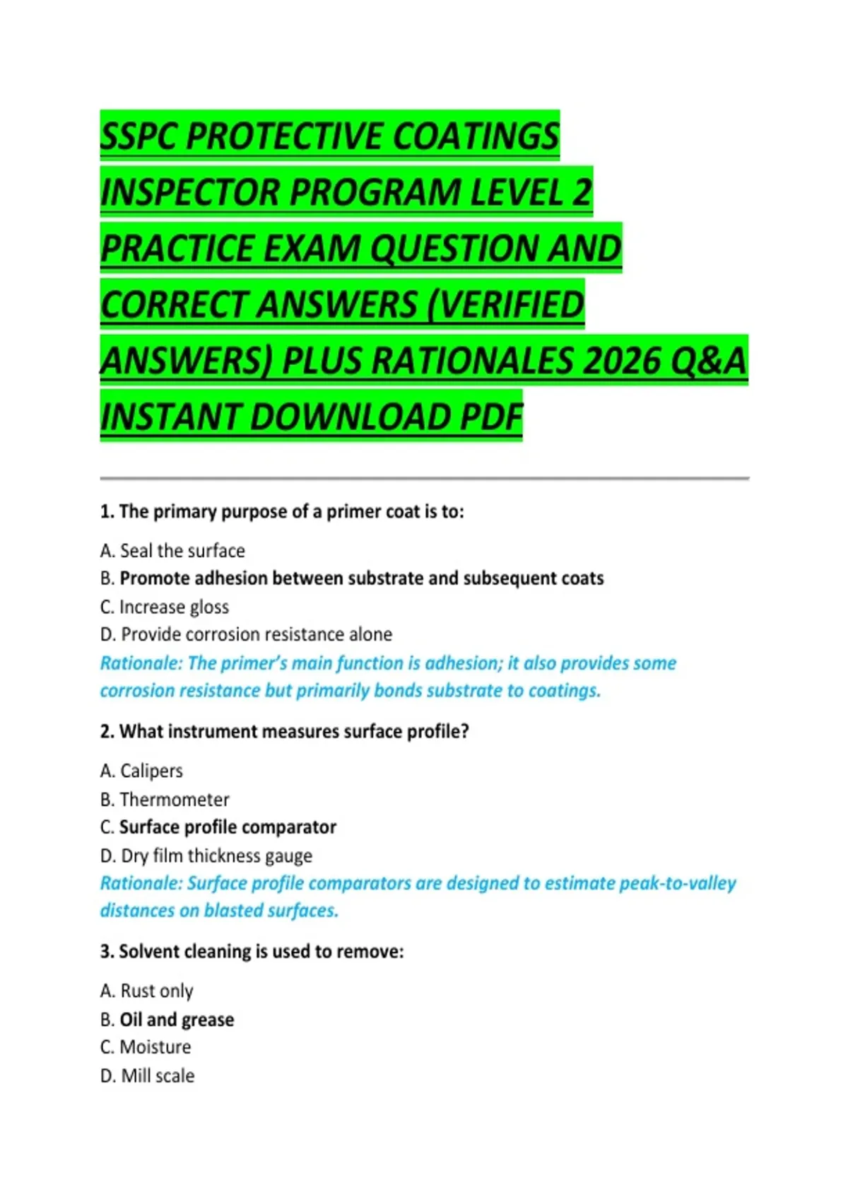 Coating Inspector Program SSPC PROTECTIVE COATINGS INSPECTOR PROGRAM LEVEL 2 PRACTICE EXAM ...