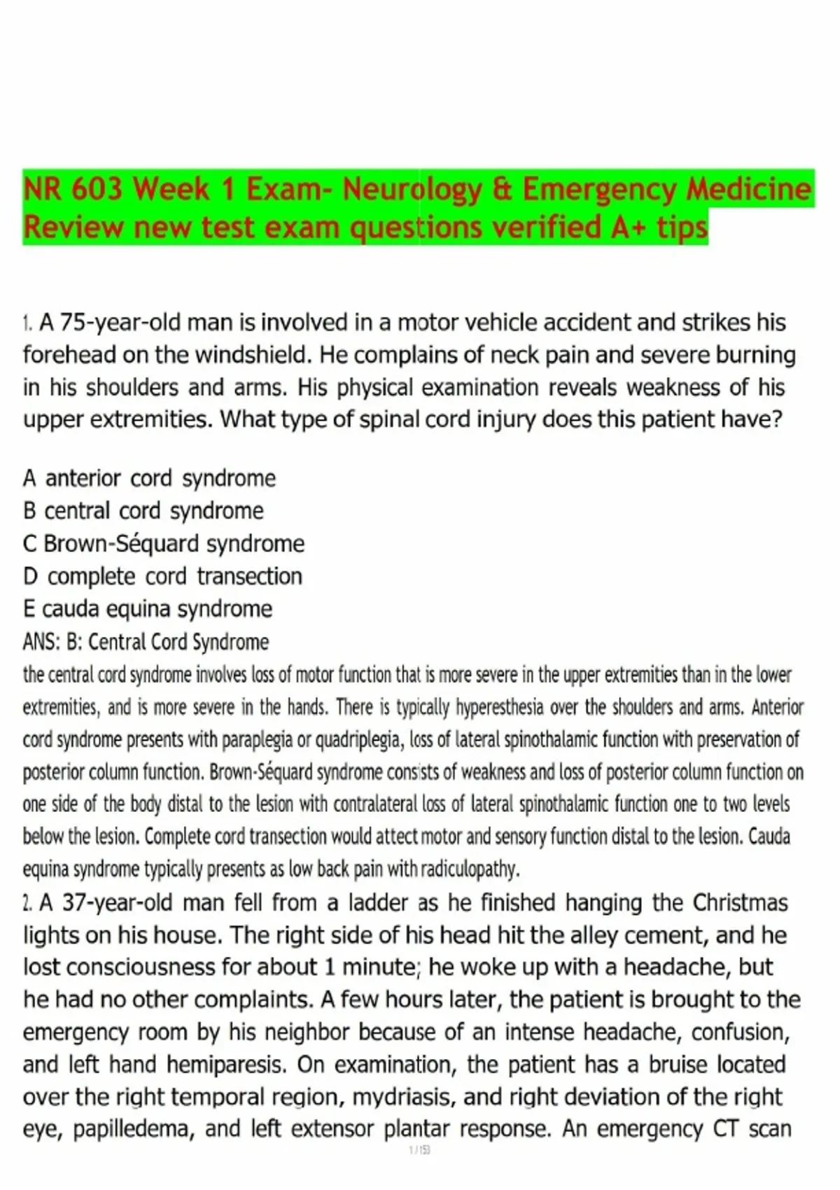NR 603 Week 1 Exam- Neurology & Emergency Medicine Review new test exam ...