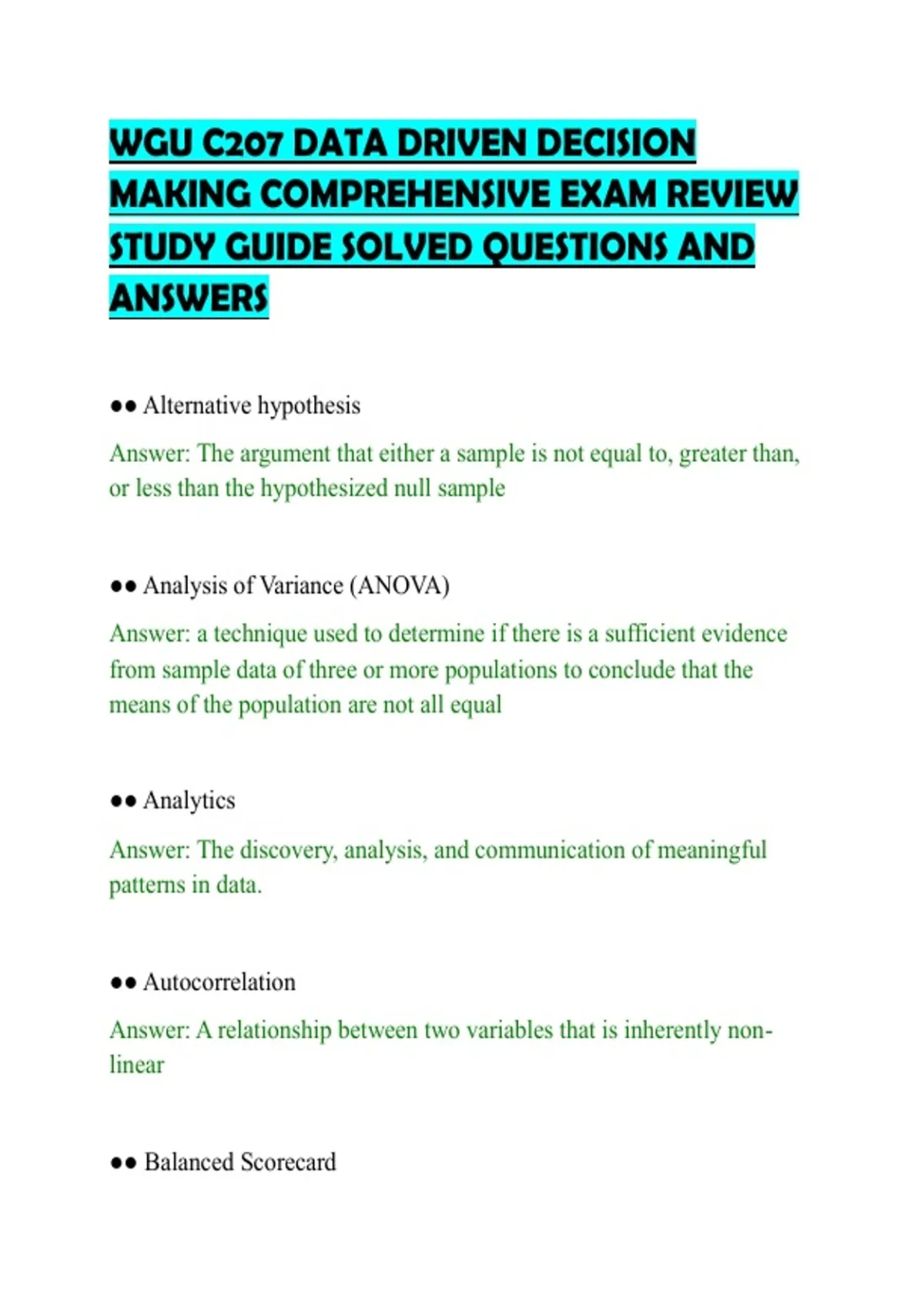 WGU C207 DATA DRIVEN DECISION MAKING COMPREHENSIVE EXAM REVIEW STUDY ...