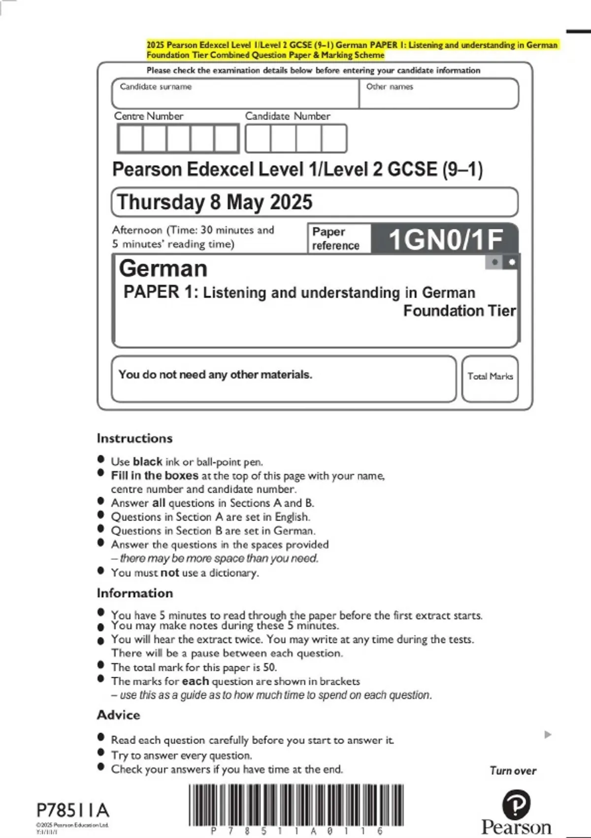 2025 Pearson Edexcel Level 1/Level 2 GCSE (9–1) German PAPER 1 ...