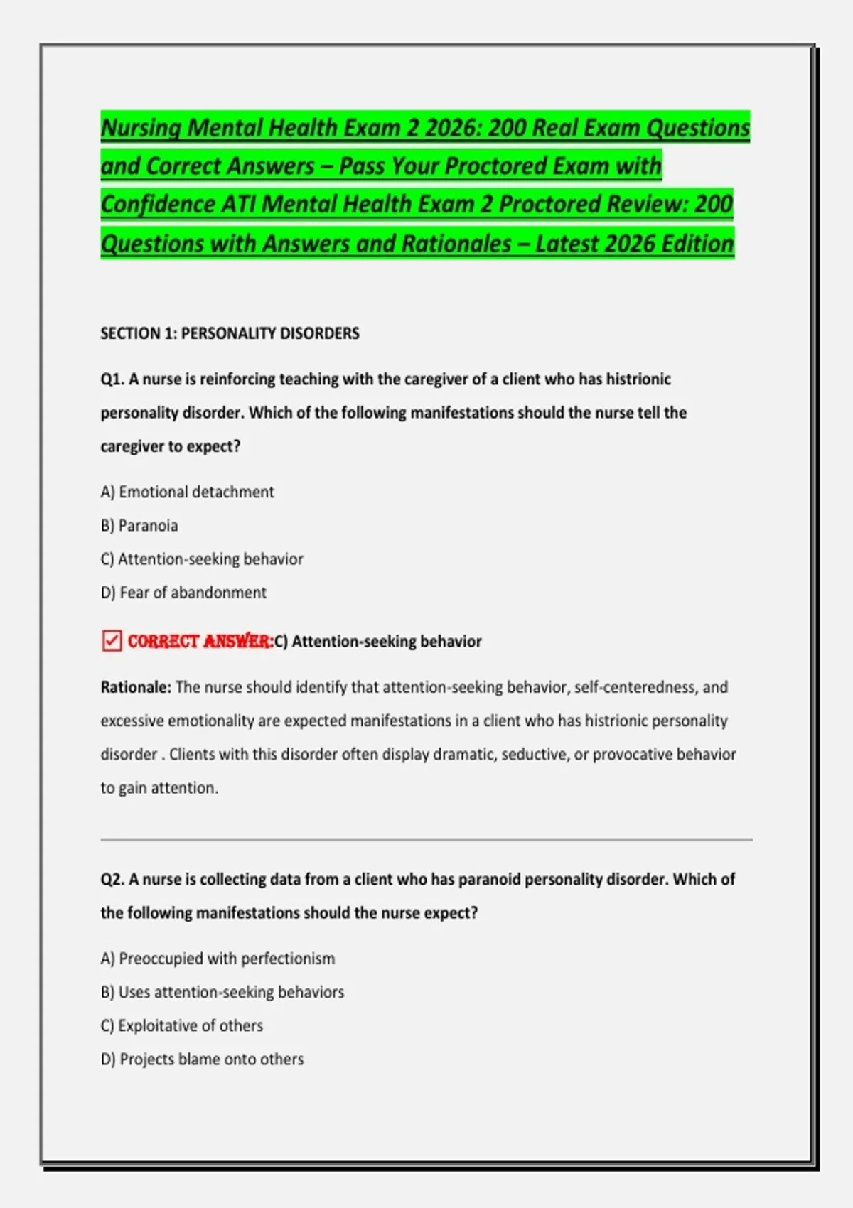 Nursing Mental Health Exam 2 2026: 200 Real Exam Questions and Correct ...