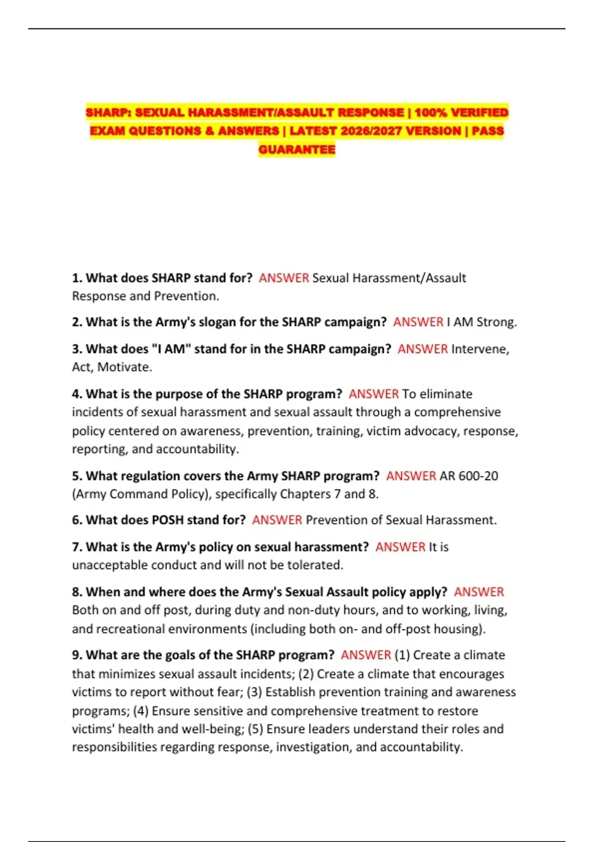 Sharp Responses SHARP: SEXUAL HARASSMENT/ASSAULT RESPONSE | 100% VERIFIED EXAM ...