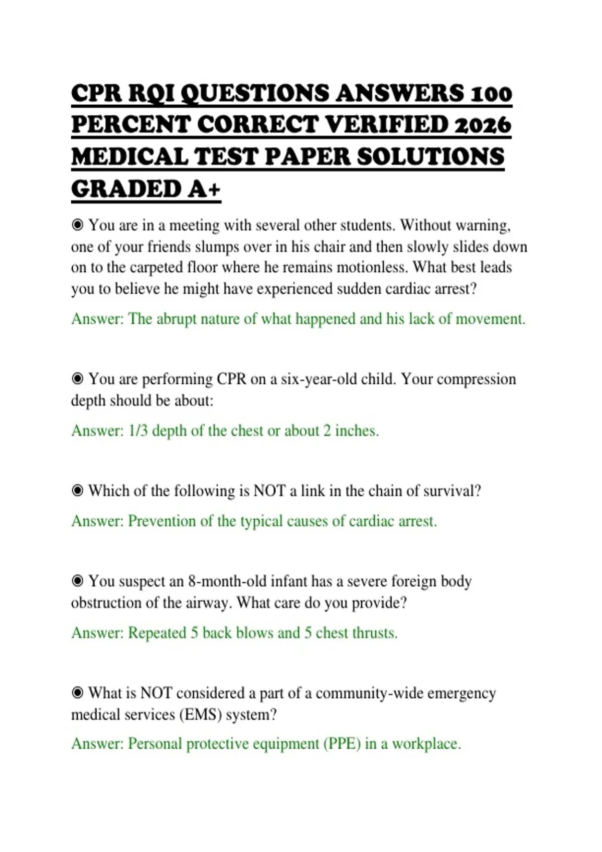 Cpr Rqi Questions CPR RQI QUESTIONS ANSWERS 100 PERCENT CORRECT VERIFIED 2026 MEDICAL ...