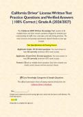 California Driver' License Written Test Practice Questions and Verified Answers &vert; 100&percnt; Correct &vert; Grade A &lpar;2026&sol;2027&rpar;&NewLine;&NewLine;