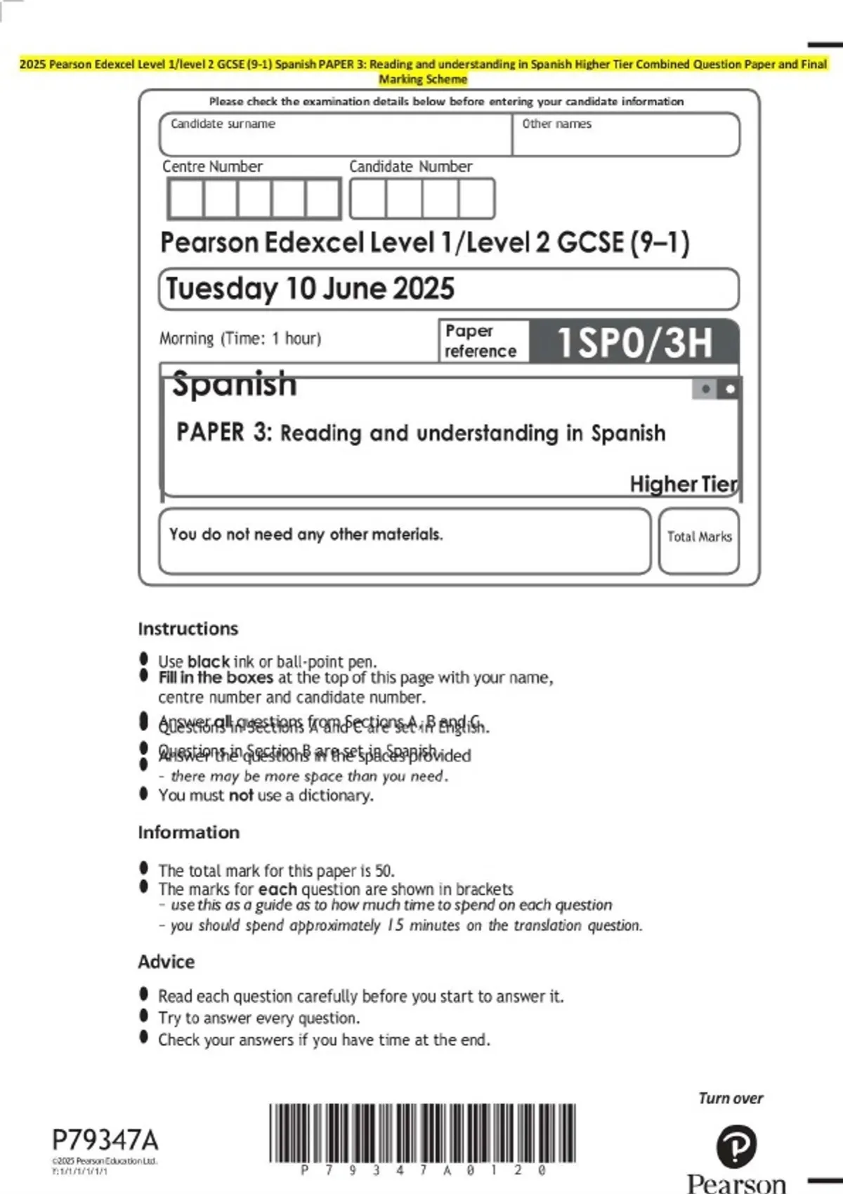 2025 Pearson Edexcel Level 1/level 2 GCSE (9-1) Spanish PAPER 3 ...