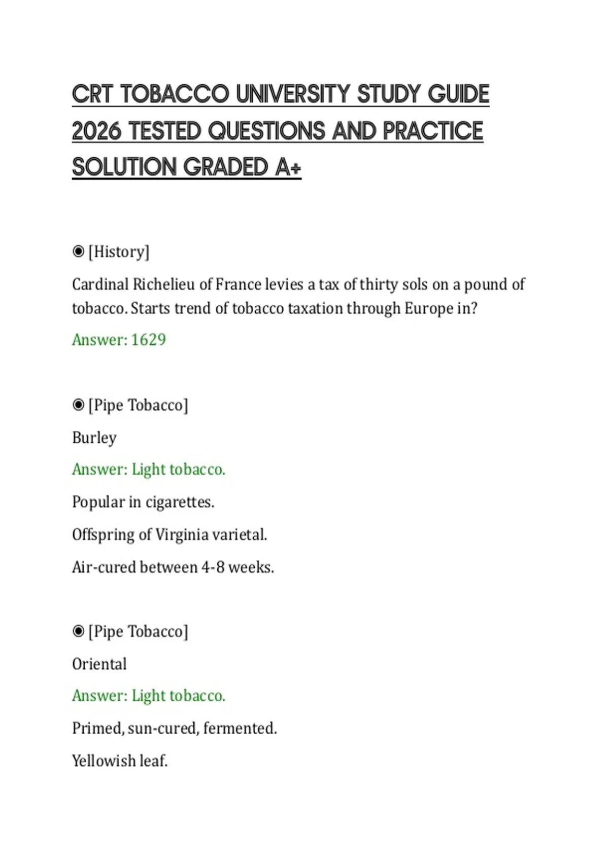 CRT TOBACCO UNIVERSITY STUDY GUIDE 2026 TESTED QUESTIONS AND PRACTICE ...
