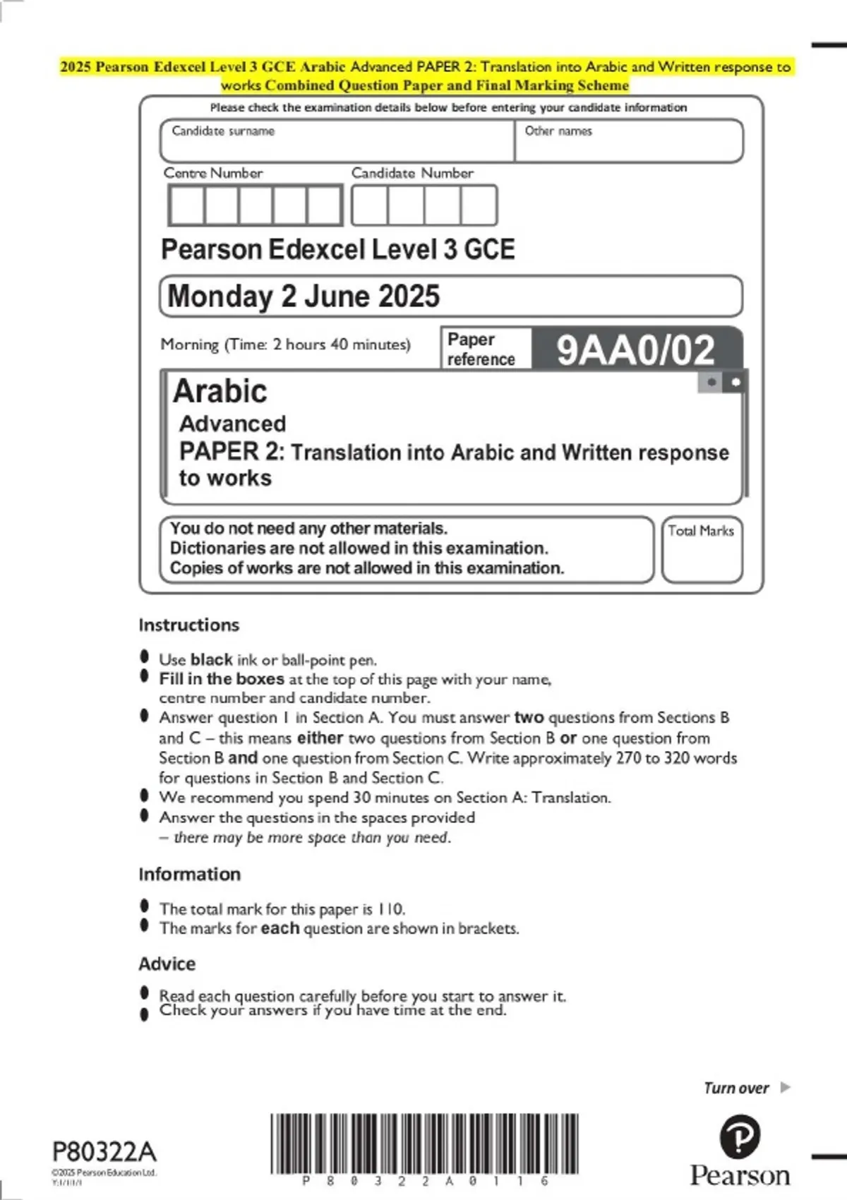 2025 Pearson Edexcel Level 3 GCE Arabic Advanced PAPER 2: Translation ...
