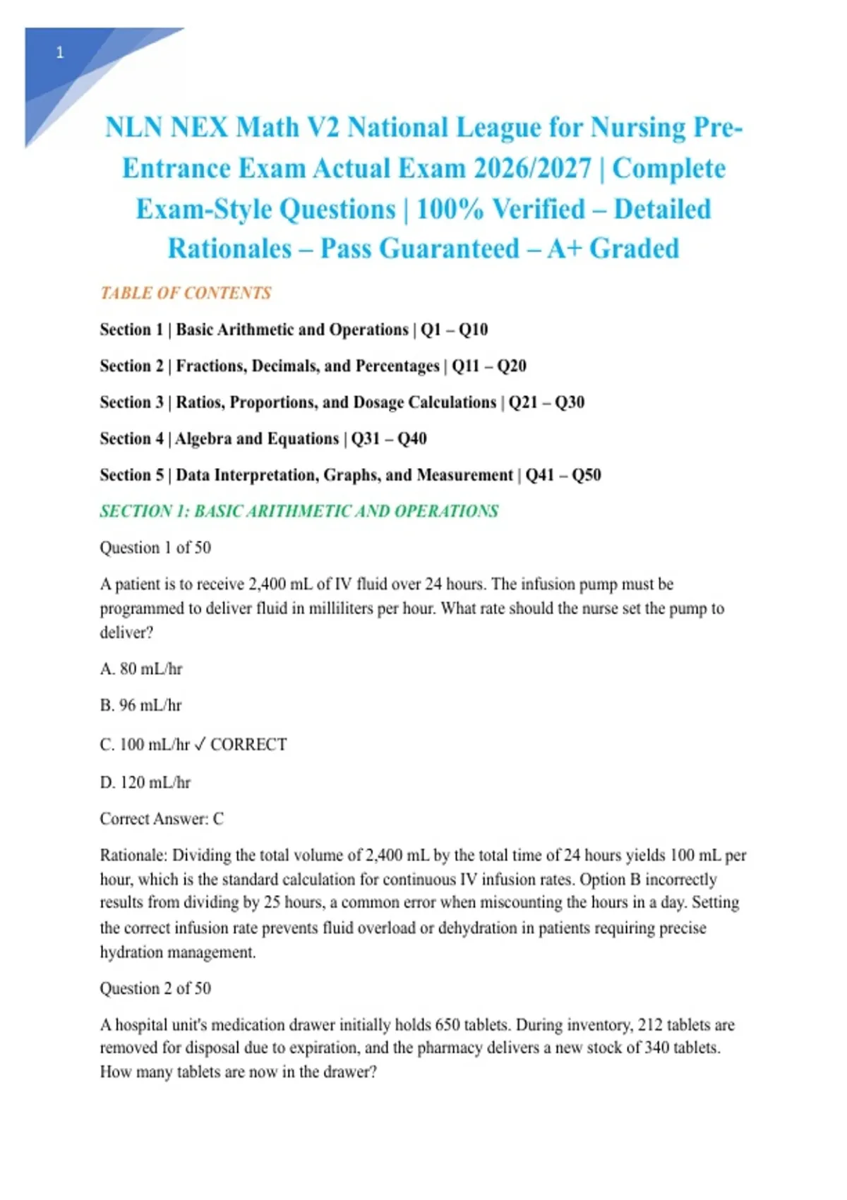 Nex Math Practice Problems NLN NEX Math V2 National League for Nursing Pre-Entrance Exam Actual ...