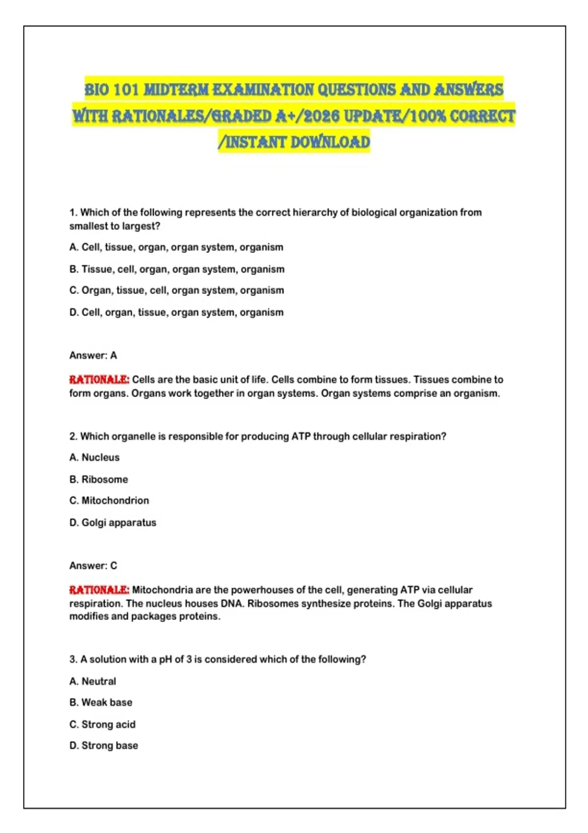 BIO 101 MIDTERM EXAMINATION QUESTIONS AND ANSWERS WITH RATIONALES ...
