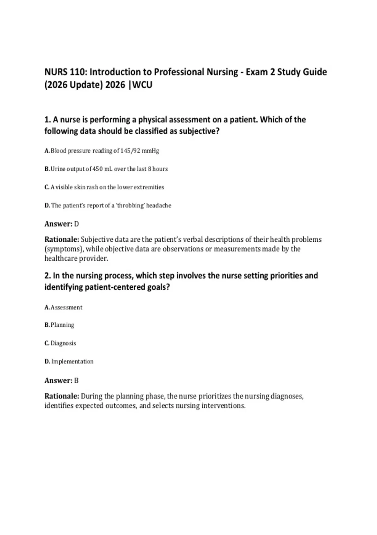 NURS 110: Introduction to Professional Nursing - Exam 2 Study Guide ...