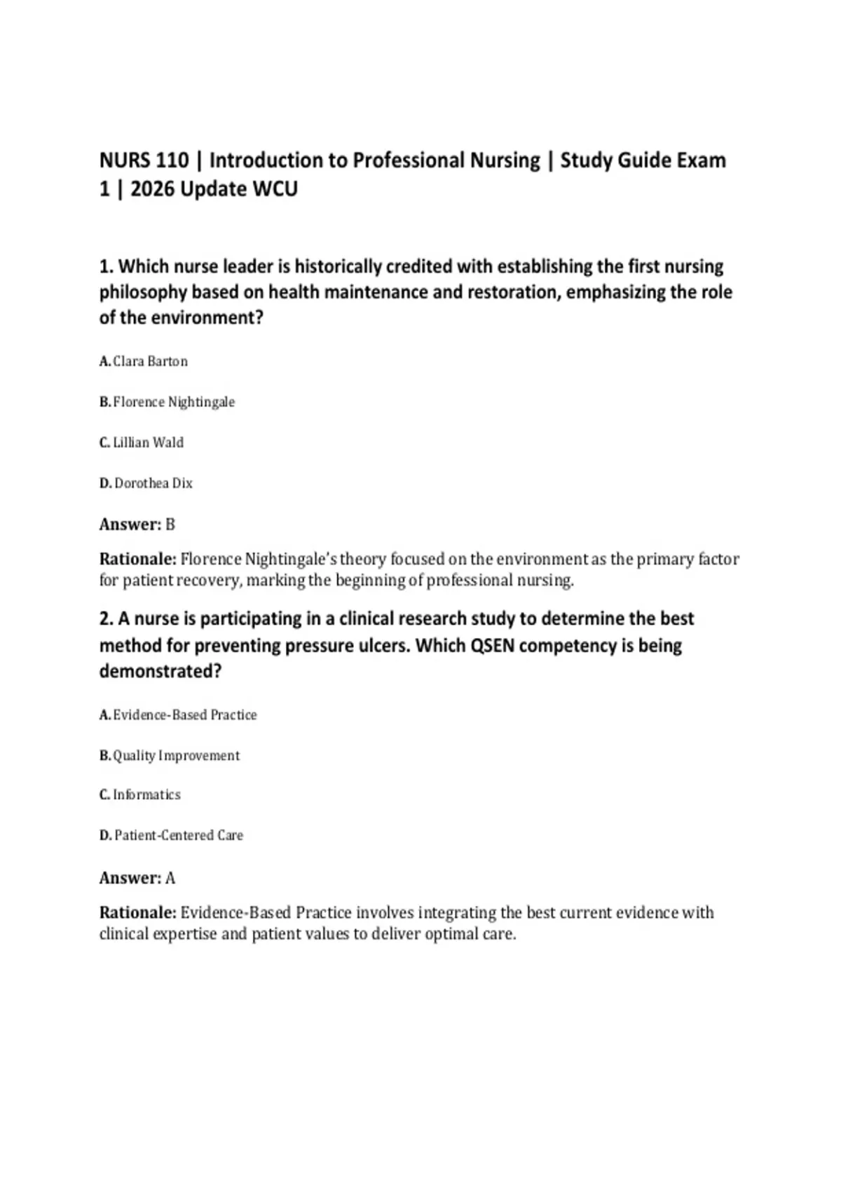 NURS 110 | Introduction to Professional Nursing | Study Guide Exam 1 ...