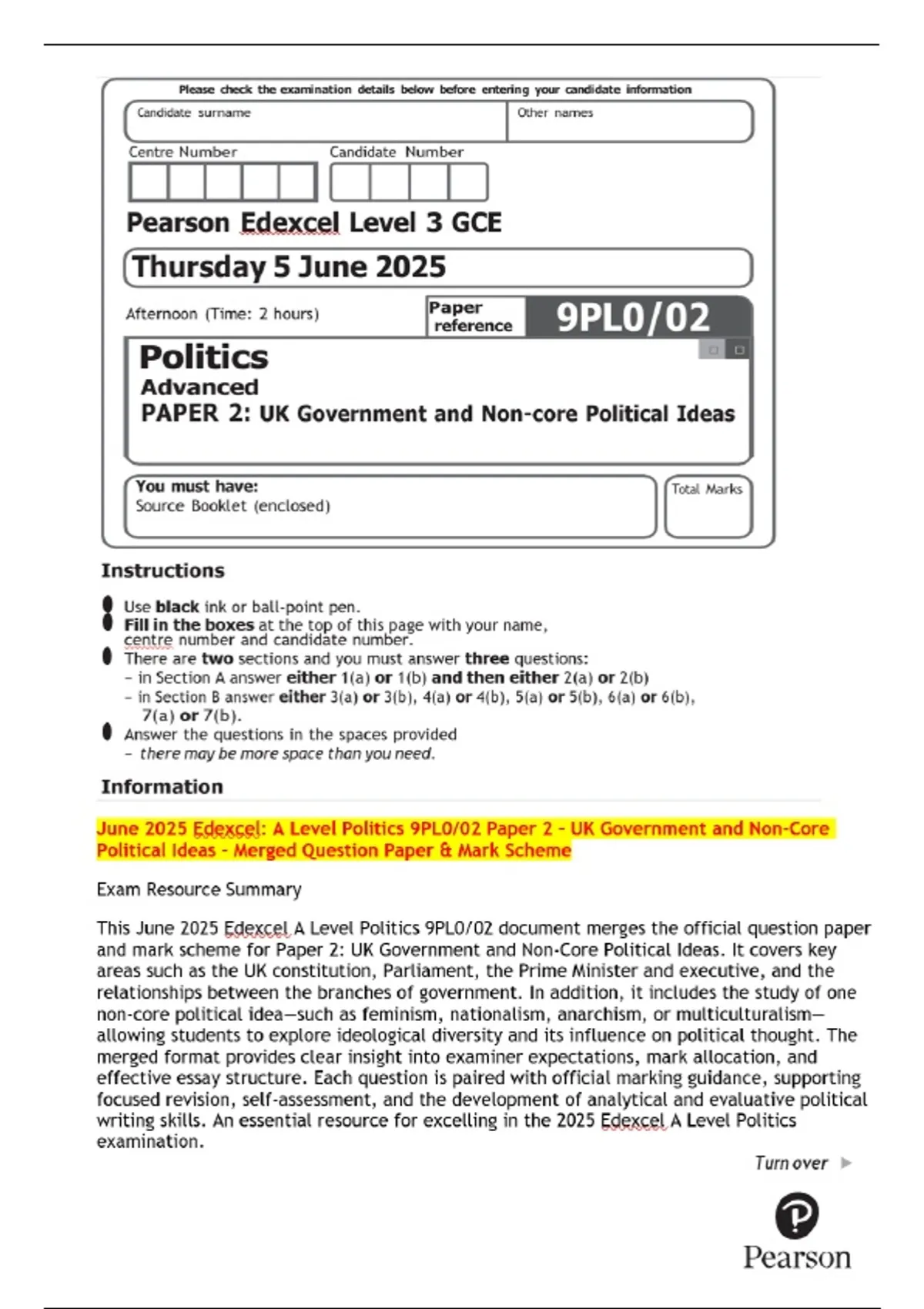 June 2025 Edexcel A Level Politics 9PLO/02 Paper 2 - UK Government and ...
