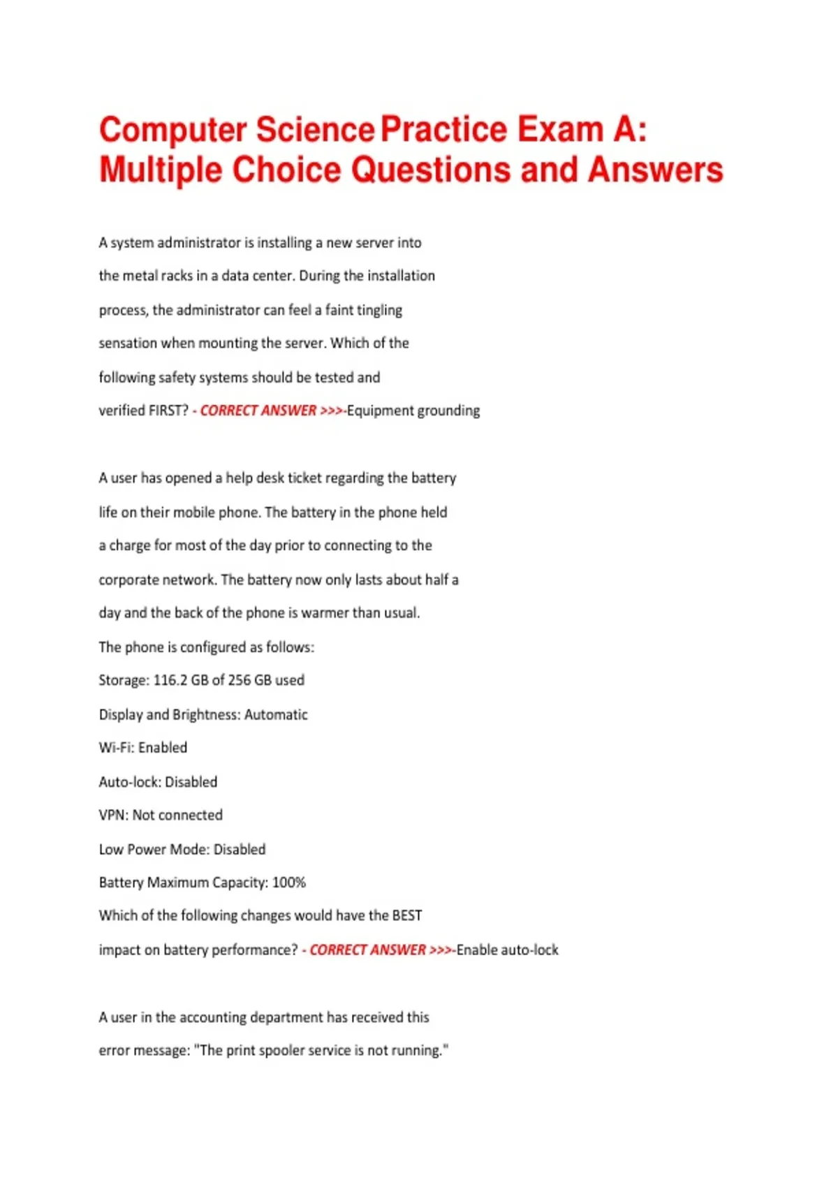Computer Science Practice Exam A; Multiple Choice Questions and Answers ...
