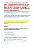 MINNESOTA ASSISTED LIVING DIRECTOR &lpar;ALD&rpar; LICENSING EXAM 2026&sol;2027 &vert; ACTUAL EXAM QUESTIONS & VERIFIED ANSWERS WITH DETAILED RATIONALES &vert; EXPERT REVIEWED STUDY GUIDE &vert; LATEST UPDATE &vert; INSTANT DOWNLOAD PDF