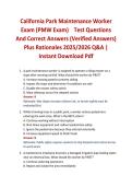 California Park Maintenance Worker Exam &lpar;PMW Exam&rpar; Test Questions And Correct Answers &lpar;Verified Answers&rpar; Plus Rationales 2025&sol;2026 Q&A &vert; Instant Download Pdf