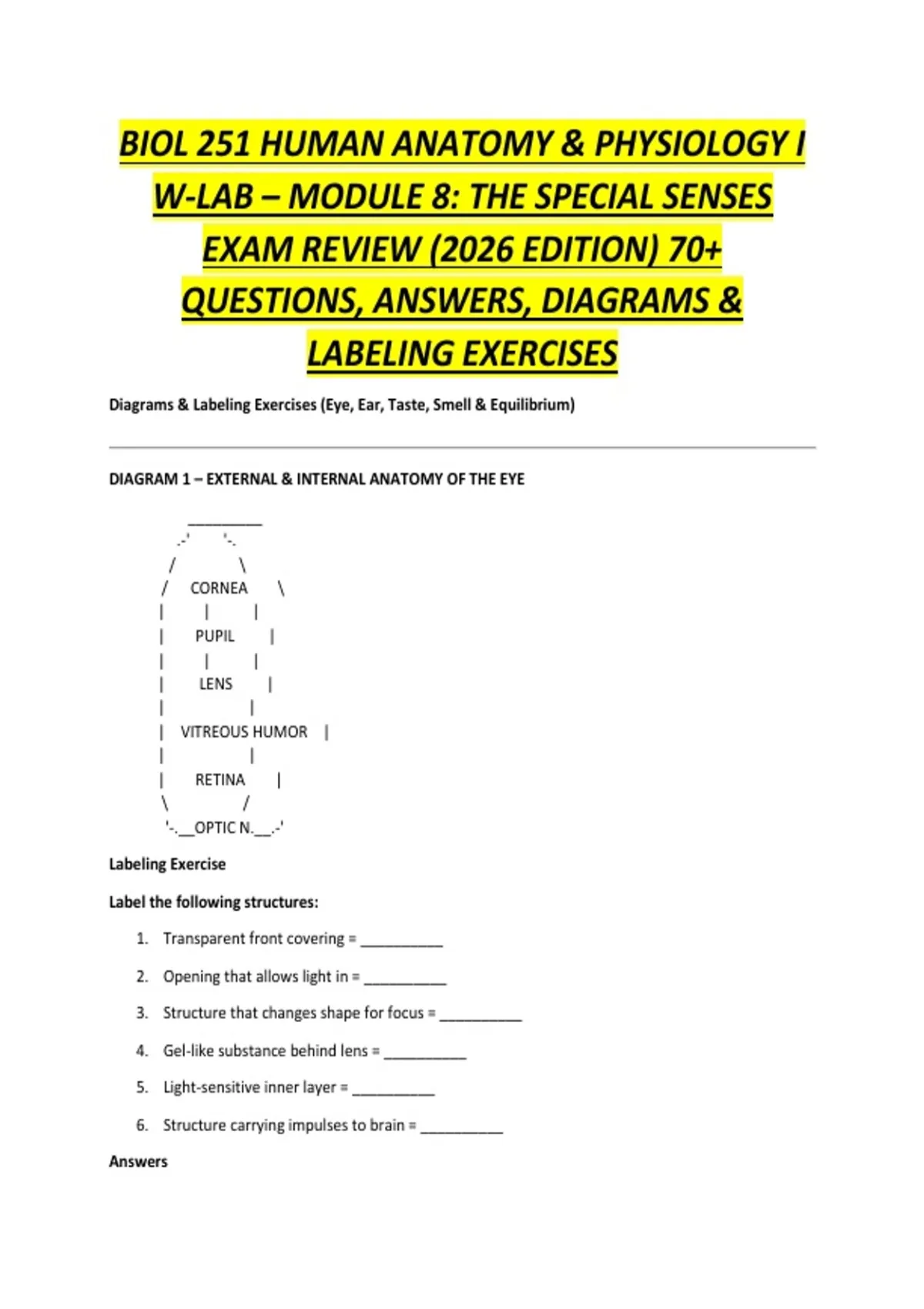 BIOL 251 HUMAN ANATOMY & PHYSIOLOGY I W-LAB – MODULE 8: THE SPECIAL ...