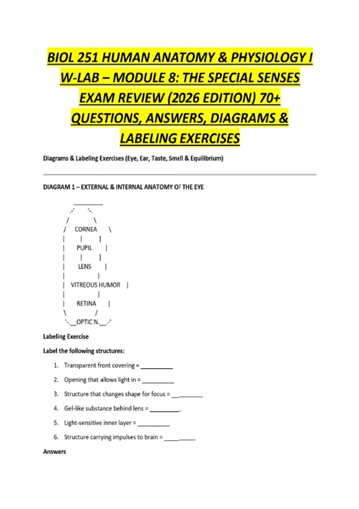 BIOL 251 HUMAN ANATOMY & PHYSIOLOGY I W-LAB – MODULE 8: THE SPECIAL ...
