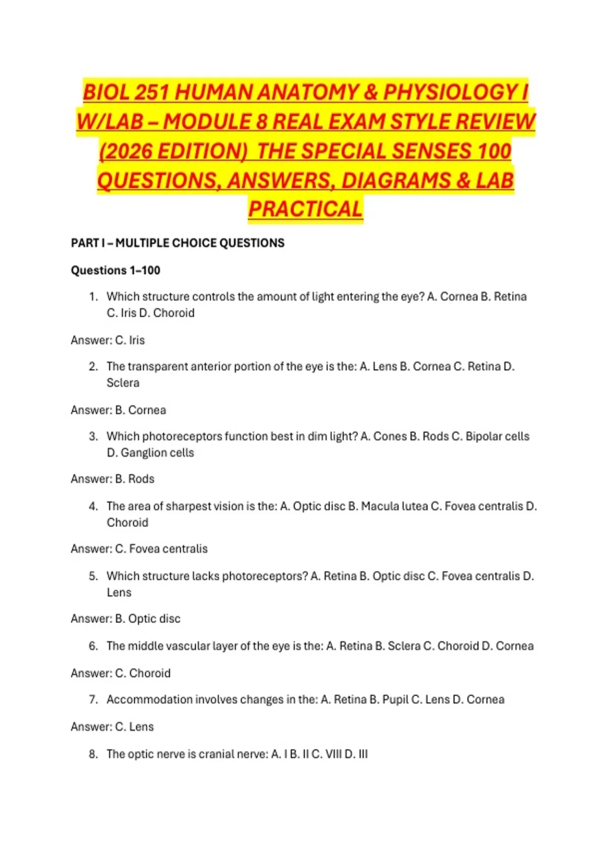 BIOL 251 HUMAN ANATOMY & PHYSIOLOGY I W/LAB – MODULE 8 REAL EXAM STYLE ...