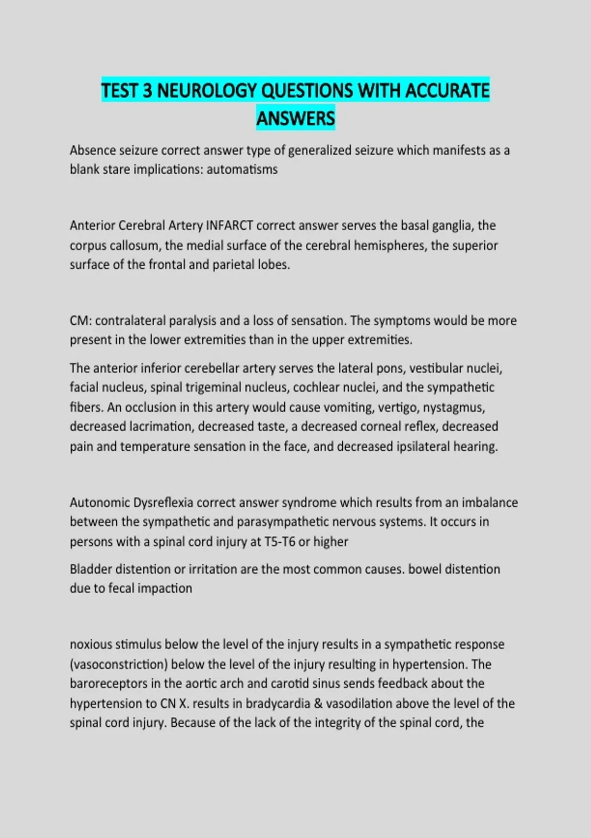 Questions Neurology TEST 3 NEUROLOGY QUESTIONS WITH ACCURATE ANSWERS - Nurs - Stuvia US
