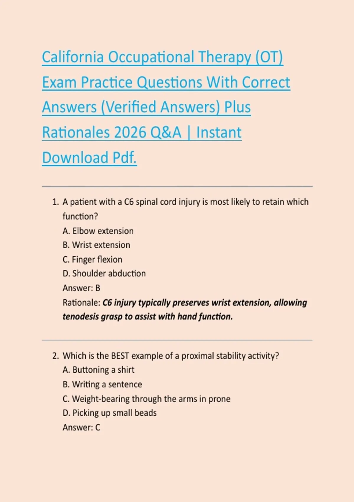Ot Questions California Occupational Therapy (OT) Exam Practice Questions With ...