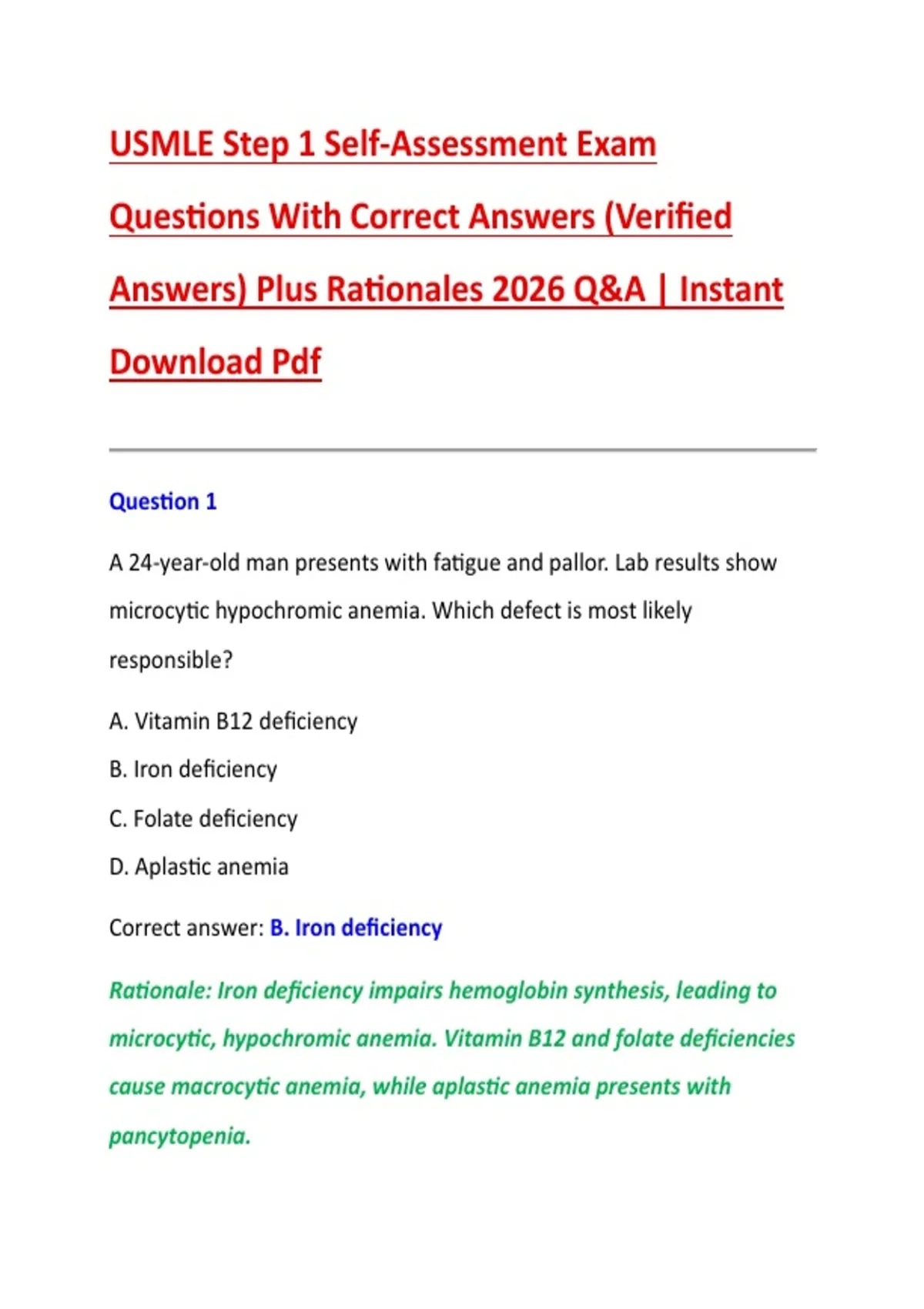 USMLE Step 1 Self-Assessment Exam Questions With Correct Answers ...