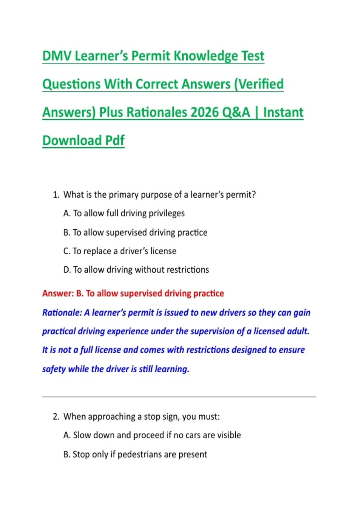 DMV Learner’s Permit Knowledge Test Questions With Correct Answers ...