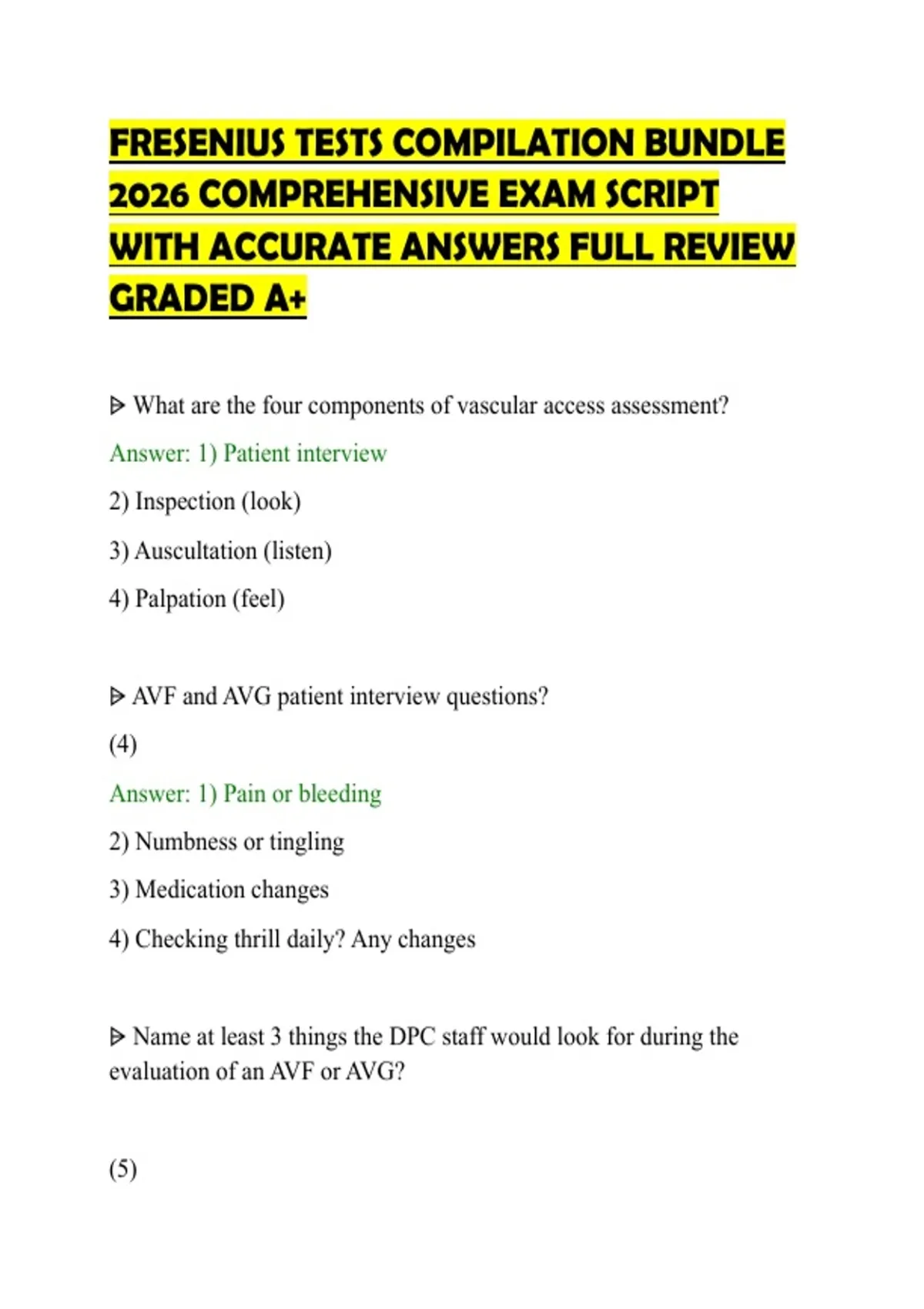FRESENIUS TESTS COMPILATION BUNDLE 2026 COMPREHENSIVE EXAM SCRIPT WITH ...