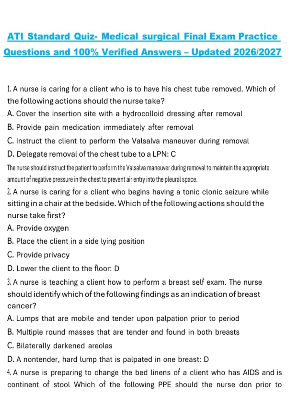 ATI Standard Quiz- Medical surgical Final Exam Practice Questions and ...