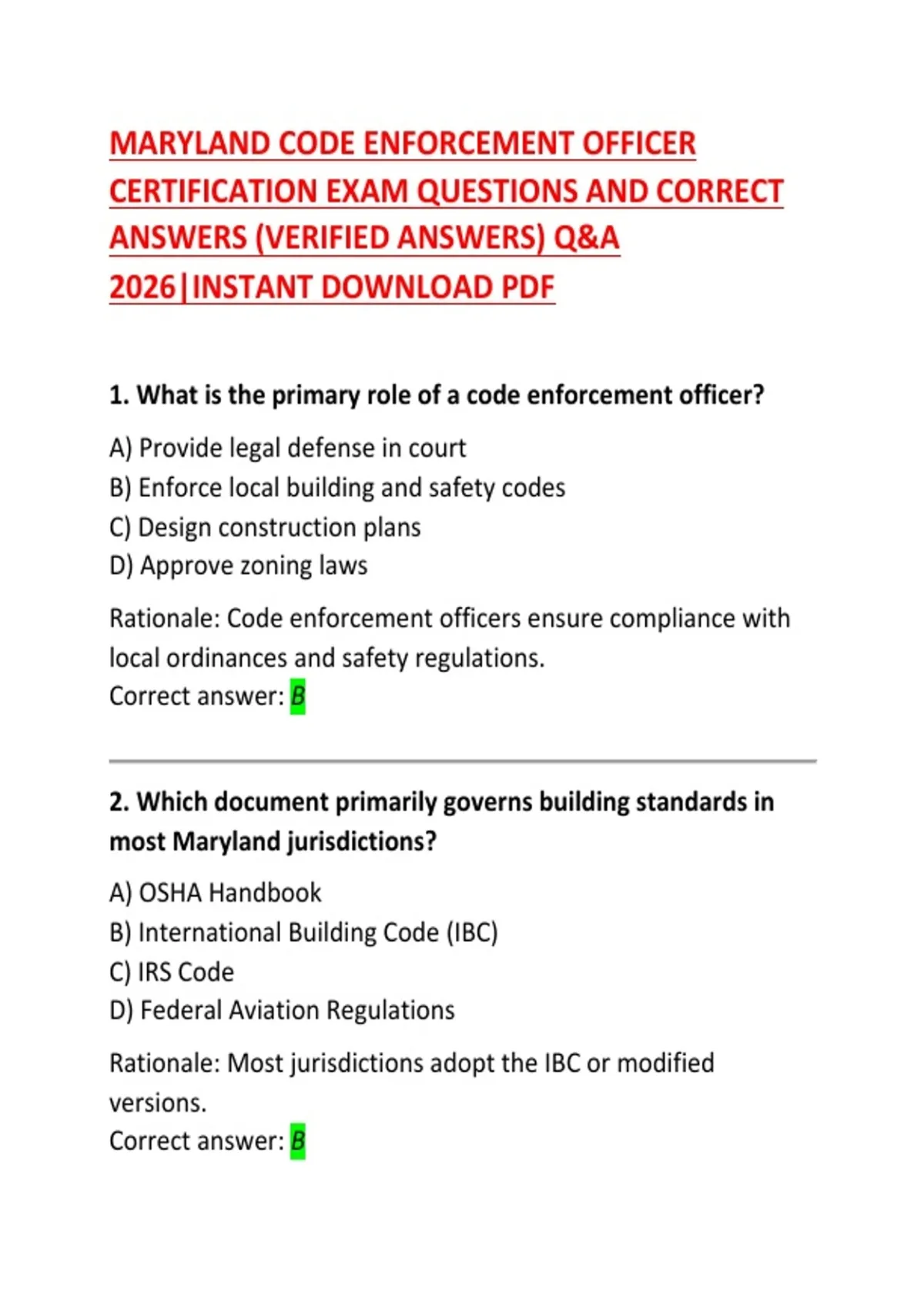 Maryland Code Enforcement Officer Certification Exam Questions and ...