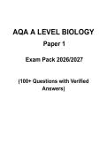 AQA A Level Biology Paper 1 Exam Pack 2026&sol;2027 &vert; 100&plus; Questions with Verified Answers