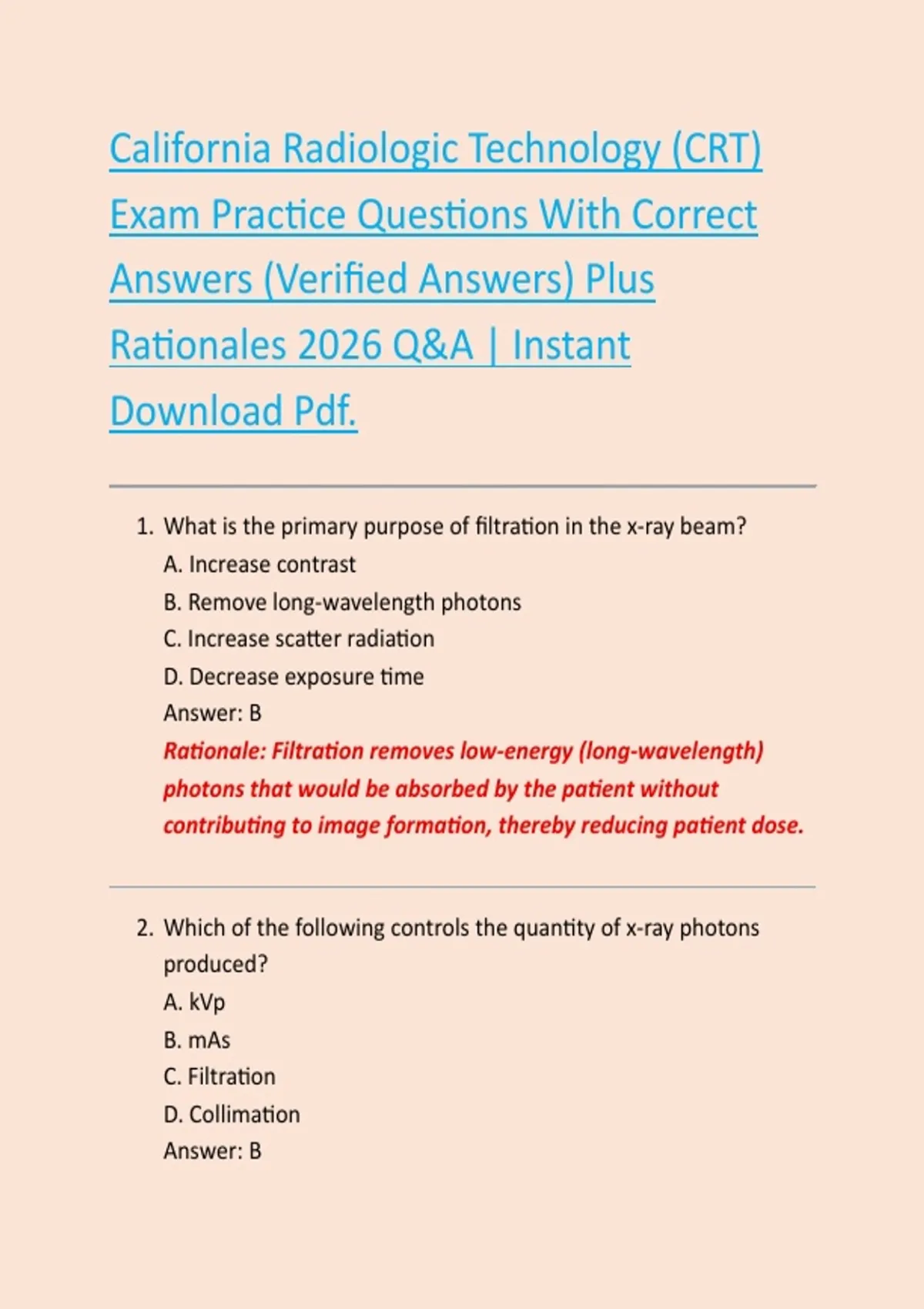 California Radiologic Technology (CRT) Exam Practice Questions With ...