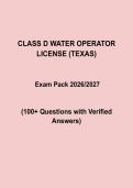 Texas Class D Water Operator License Exam Prep Pack 2026&sol;2027 &vert; 100&plus; Questions with Verified Answers