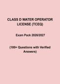 TCEQ Class D Water Operator License Exam Prep Pack 2026&sol;2027 &vert; 100&plus; Questions with Verified Answers