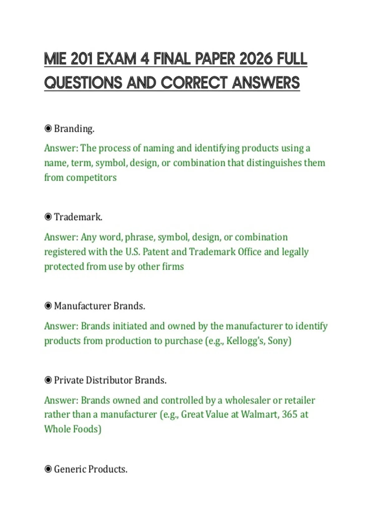 MIE 201 EXAM 4 FINAL PAPER 2026 FULL QUESTIONS AND CORRECT ANSWERS ...