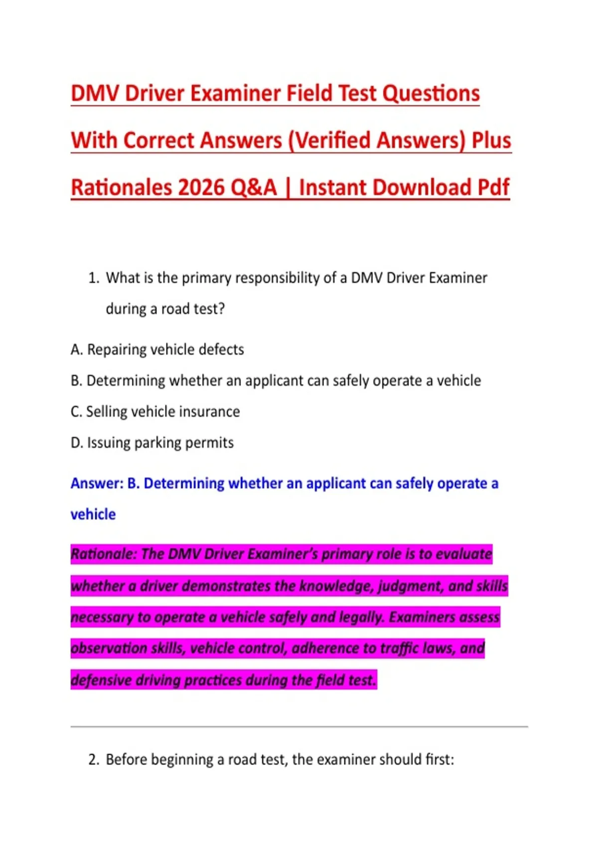 DMV Driver Examiner Field Test Questions With Correct Answers (Verified ...