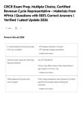 CRCR Exam Prep&comma; Multiple Choice&comma; Certified&NewLine;Revenue Cycle Representative - Materials from&NewLine;HFMA &vert; Questions with 100&percnt; Correct Answers &vert;&NewLine;Verified &vert; Latest Update 2026