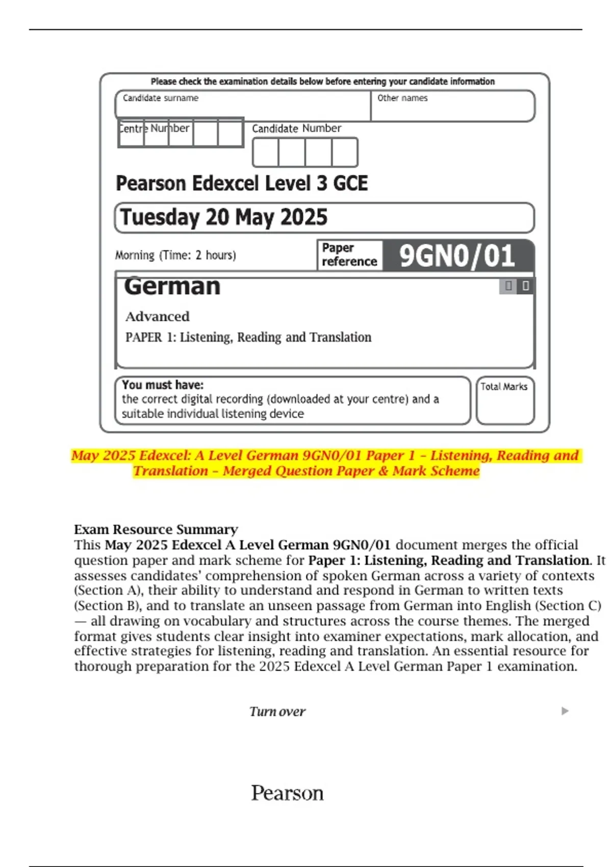 May 2025 Edexcel: A Level German 9GN0/01 Paper 1 – Listening, Reading ...