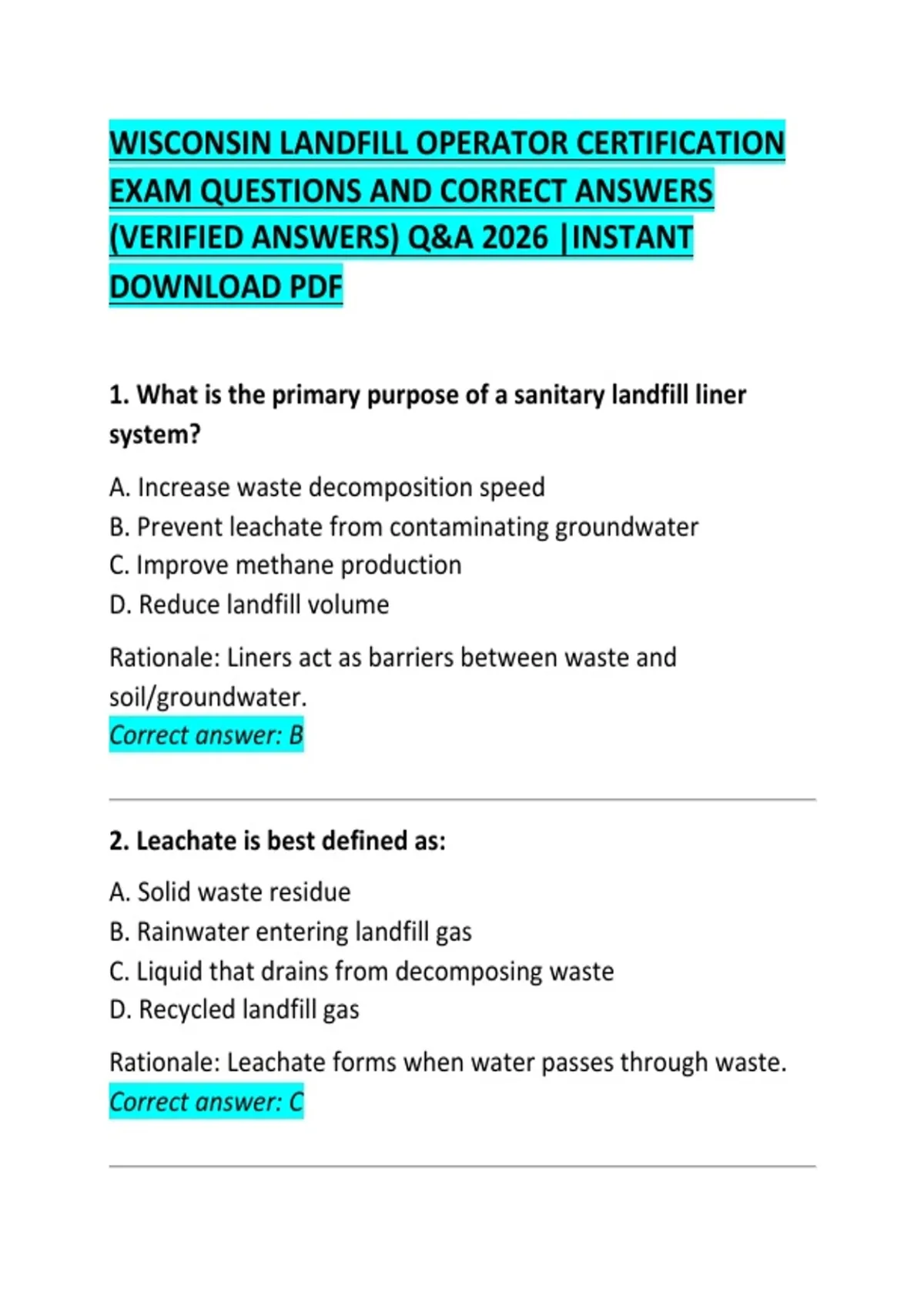 Wisconsin Landfill Operator Certification Exam Questions and Correct ...