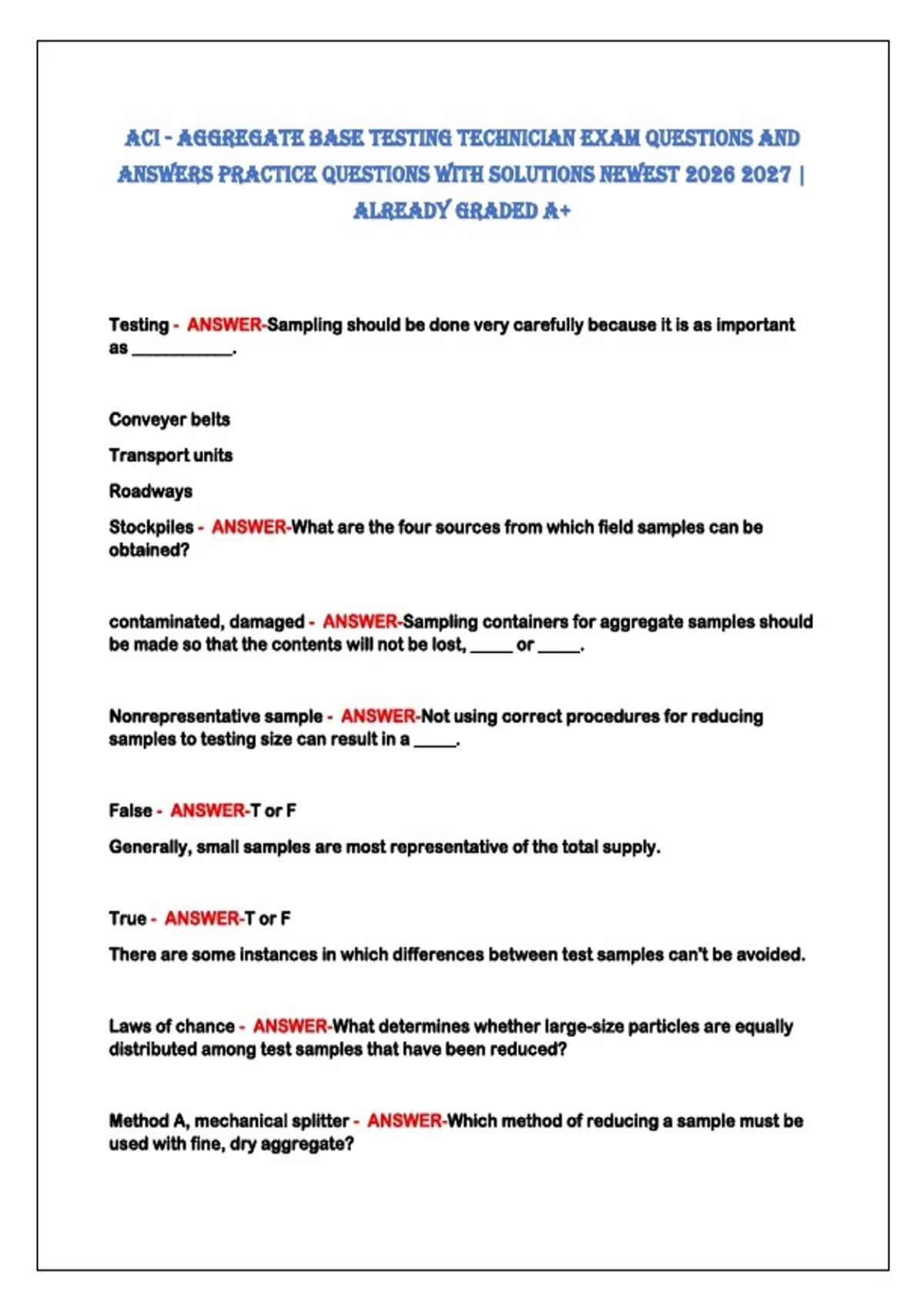 ACI - AggregAte BAse testIng teChnICIAn exAm QuestIons And Answers ...