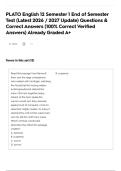 PLATO English 12 Semester 1 End of Semester Test &lpar;Latest 2026 &sol; 2027 Update&rpar; Questions & Correct Answers &lpar;100&percnt; Correct Verified Answers&rpar; Already Graded A&plus;