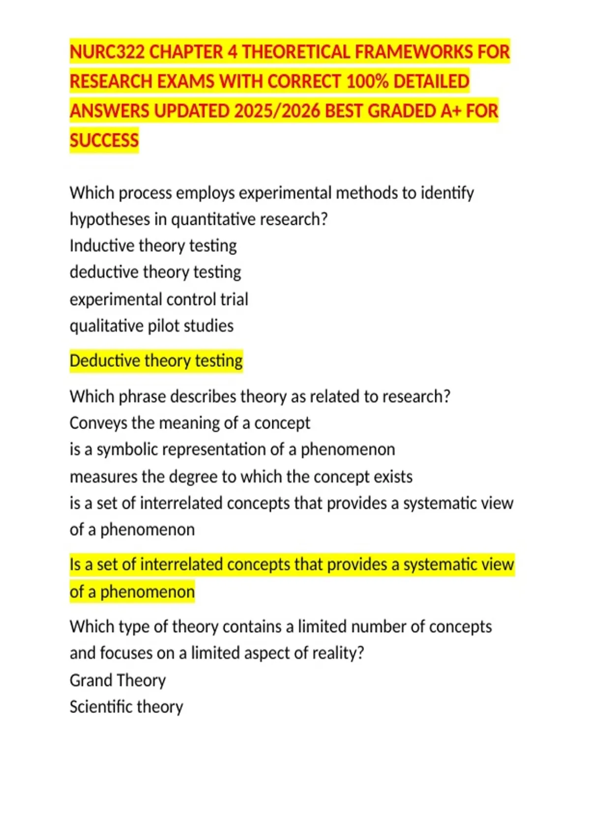 NURC322 CHAPTER 4 THEORETICAL FRAMEWORKS FOR RESEARCH EXAMS WITH ...