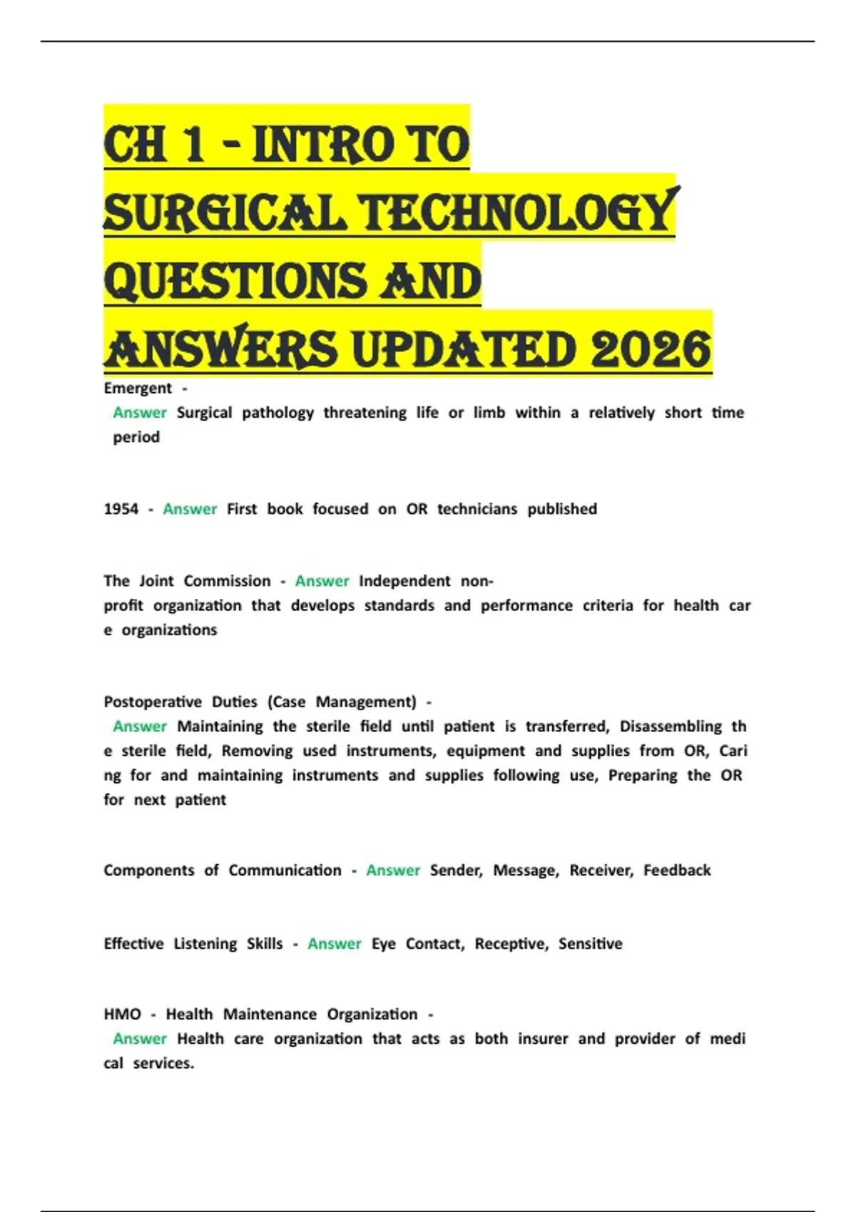 Ch 1 - Intro to Surgical Technology Questions and Answers Updated 2026 ...