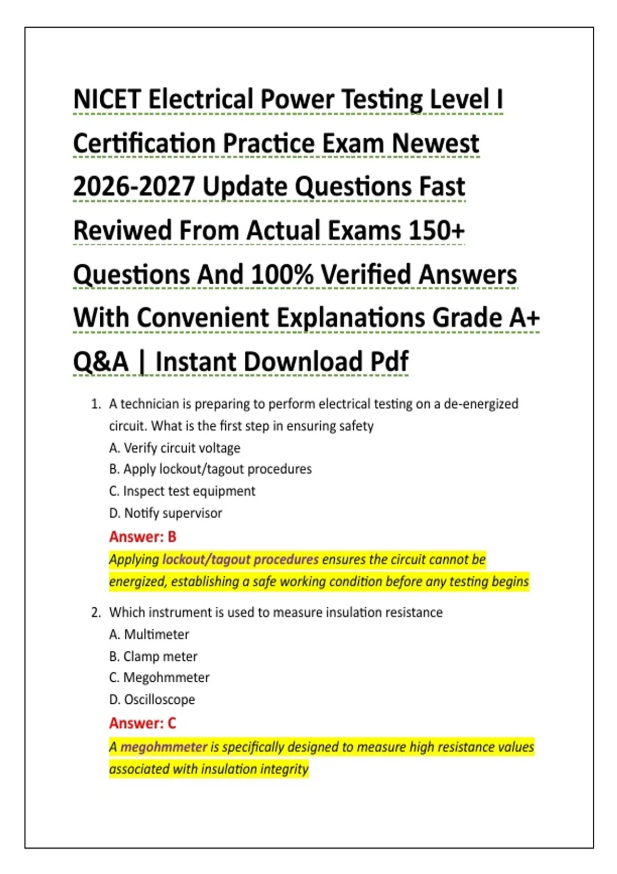 NICET Electrical Power Testing Level I Certification Practice Exam ...