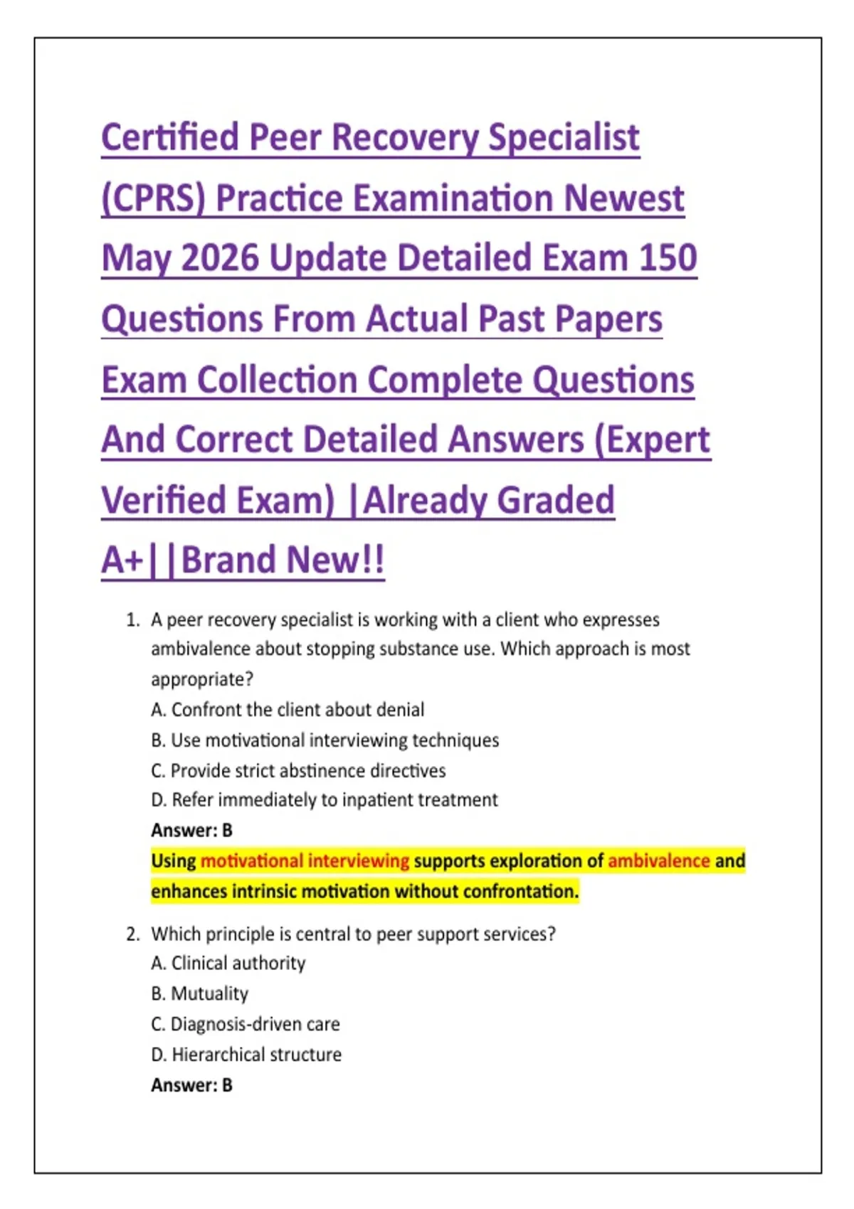 Certified Peer Recovery Specialist (CPRS) Practice Examination Newest May 2026 Update Detailed ...