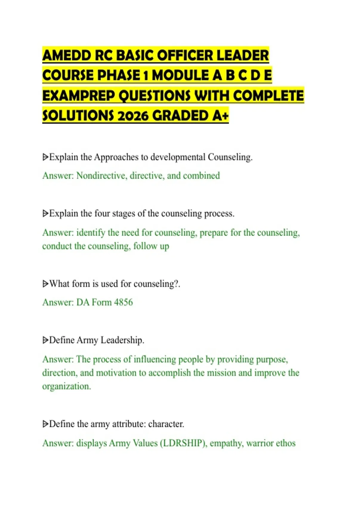 AMEDD RC BASIC OFFICER LEADER COURSE PHASE 1 MODULE A B C D E EXAMPREP ...