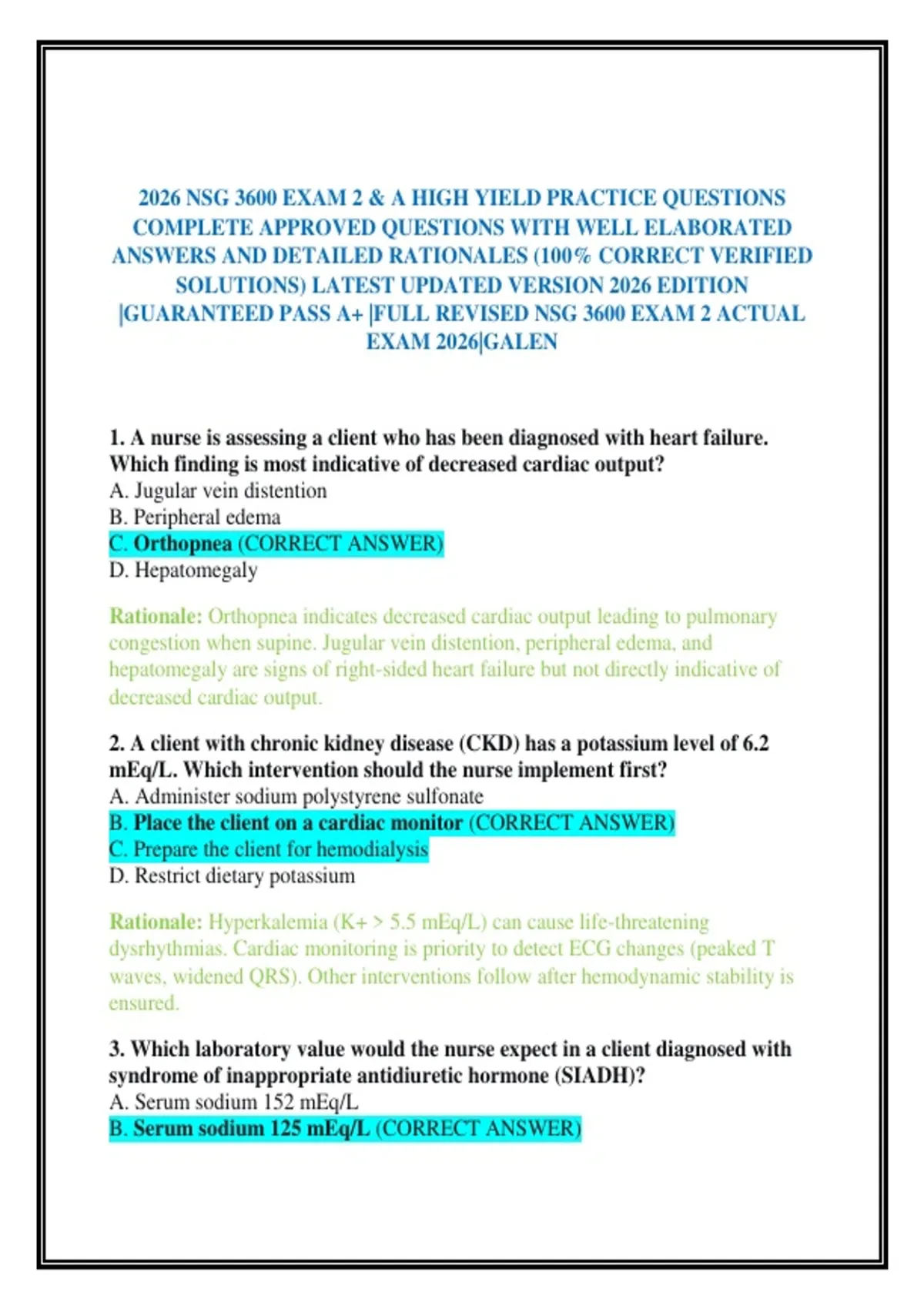 2026 NSG 3600 EXAM 2 & A HIGH YIELD PRACTICE QUESTIONS COMPLETE ...