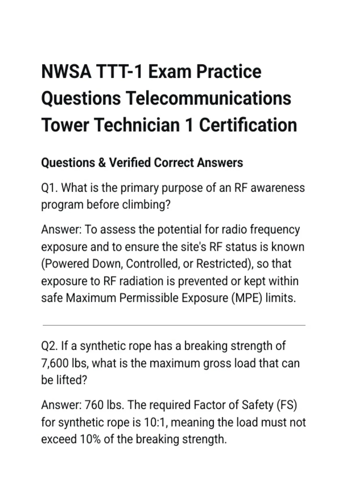 NWSA TTT-1 Exam Practice Questions Telecommunications Tower Technician ...