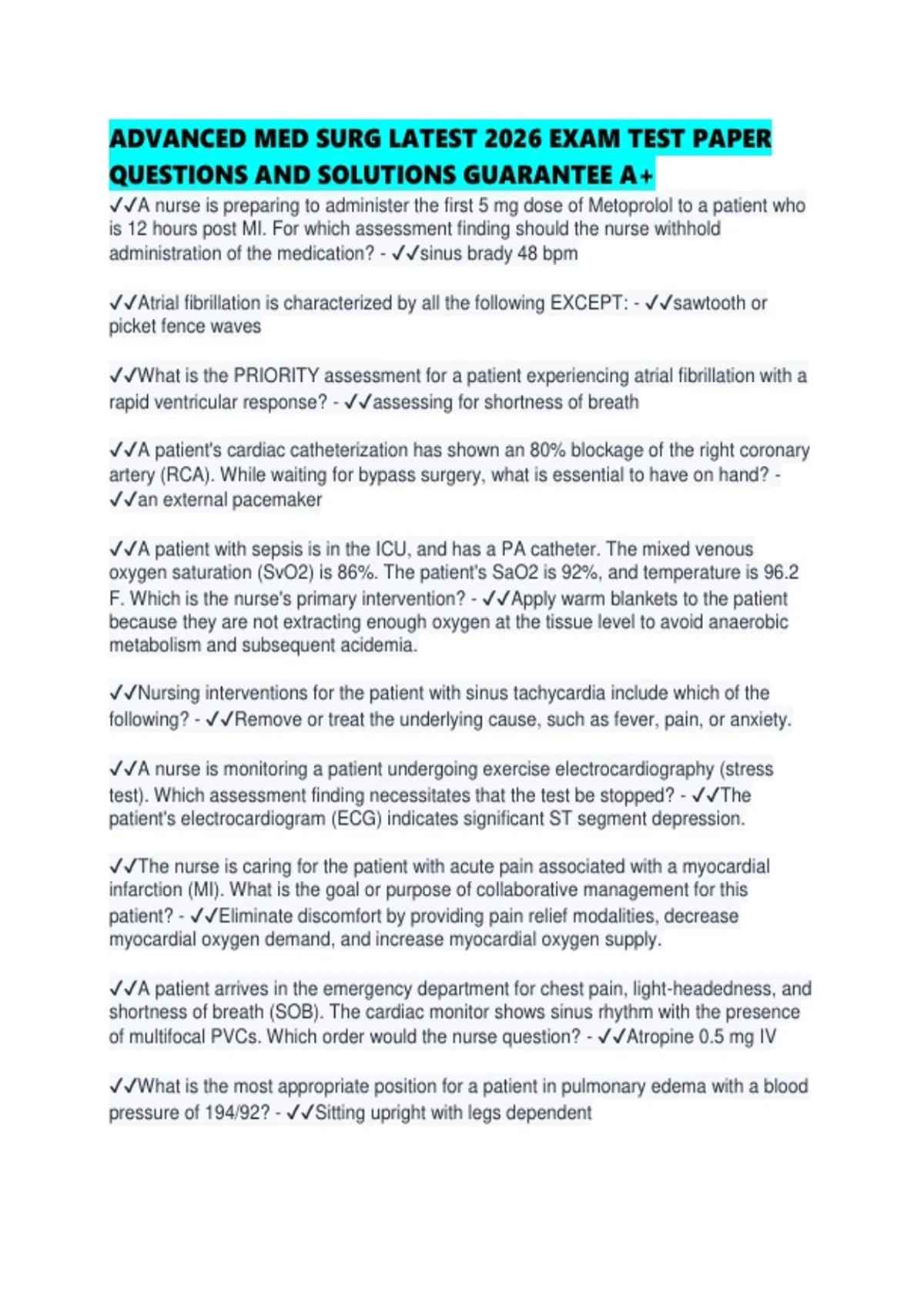 ADVANCED MED SURG LATEST 2026 EXAM TEST PAPER QUESTIONS AND SOLUTIONS ...