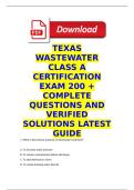 TEXAS WASTEWATER CLASS A CERTIFICATION EXAM 200 &plus; COMPLETE QUESTIONS AND VERIFIED SOLUTIONS LATEST GUIDE 2026&sol;2027 &period;