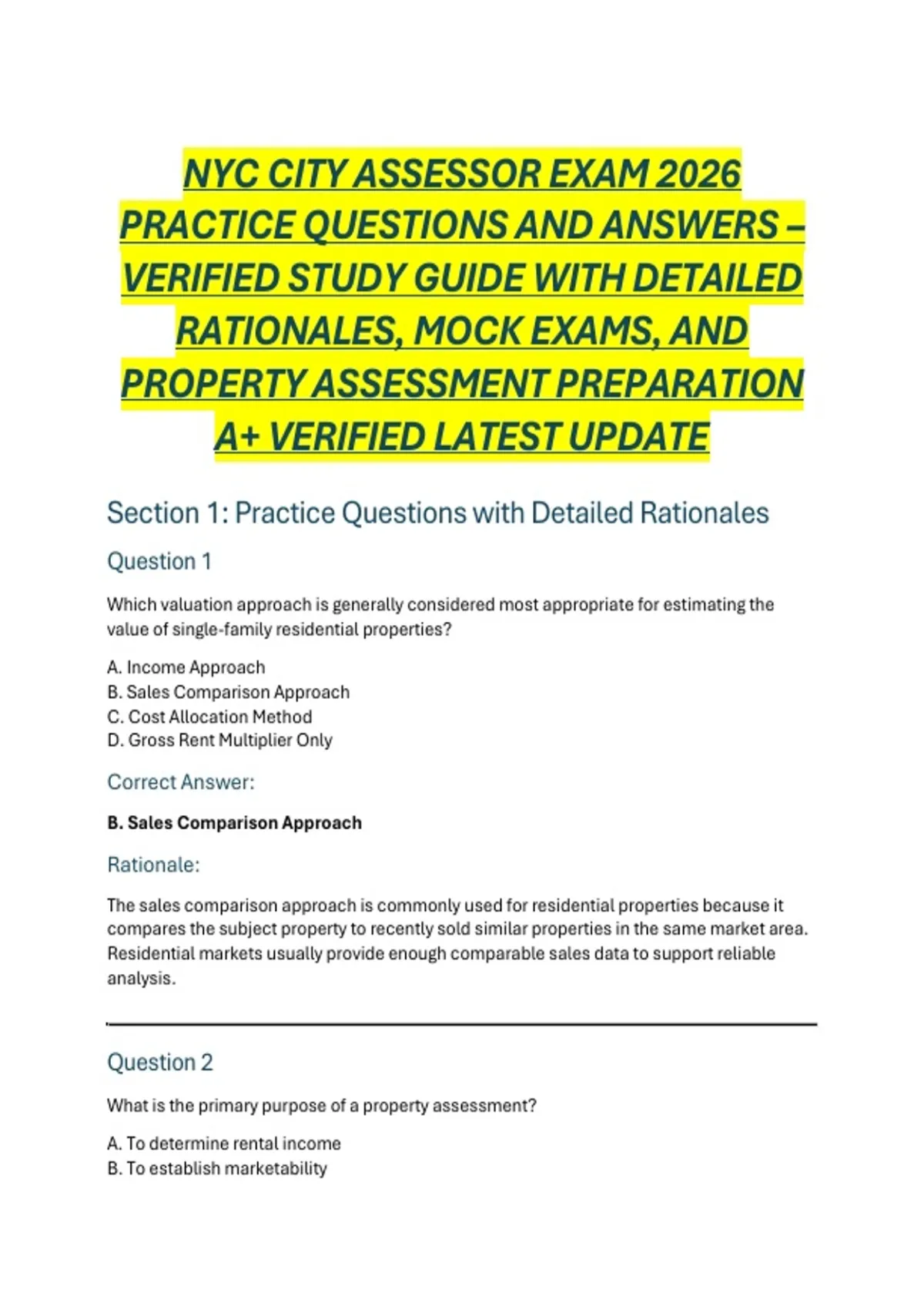 NYC CITY ASSESSOR EXAM 2026 PRACTICE QUESTIONS AND ANSWERS – VERIFIED STUDY GUIDE WITH DETAILED ...